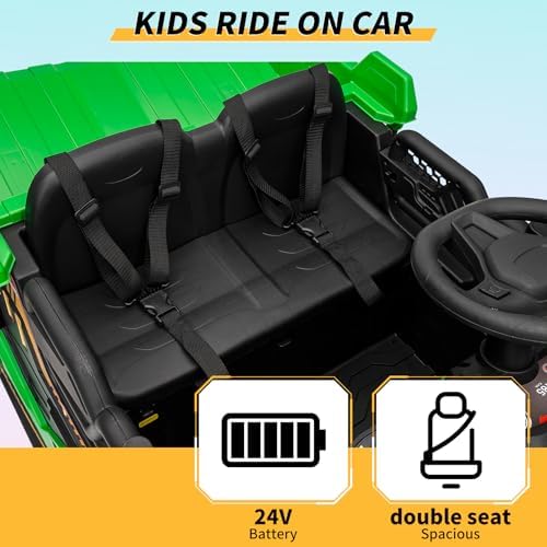 RCTOWN 24V Kids Ride On Dump Truck with R/C, 2 Seater Electric Car - 2WD/4WD Powerful Motors, 4.4 Mph, Electric Dump Bed & Shovel, EVA Tires, Music Player, Soft Start, 19" Spacious Seat (Green)