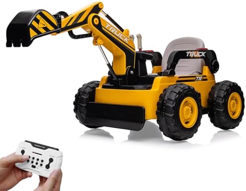 RCTOWN Kids Ride On Excavator Digger Truck with Remote Control & Electric Digging Arm, 12V 10Ah Large Battery, 4x75W Motors,LED Tail Light, Music, USB, Ride Car Toy Xmas Birthday Gift for Ages 3+, Yellow