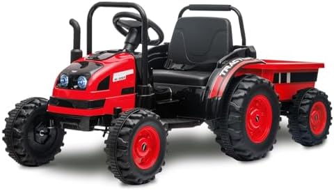 RCTOWN Kids Ride On Tractor with Trailer, 12V Battery Powered Electric Tractor with Remote Control, Music, USB, Led Lights, Audio, Safety Belt, 35W Dual Motors, Unload Button, Red