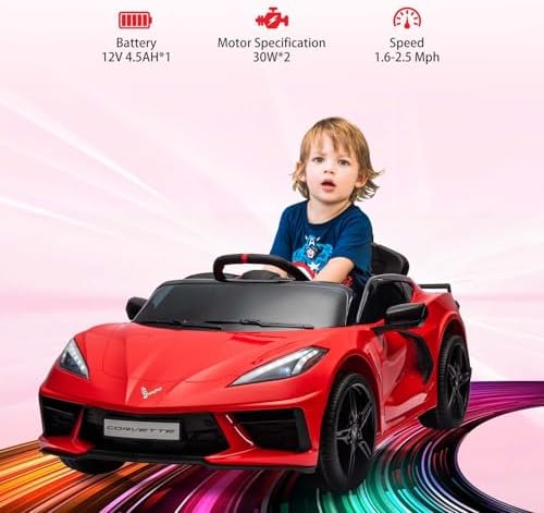 RCTOWN 12V Kids Ride on Car Licensed Corvette Battery Powered Car Toddles Electric Sports Car Toy with Remote Control, Visual Dashboard, LED Lights, Music, Gifts for Boys Girls, Red