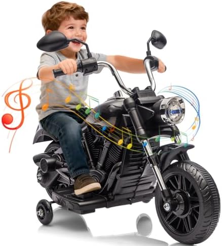 RCTOWN 12V Kids Ride on Motorcycle, 3-Wheel Kids Toddler Electric Motorcycle w/Training Wheels, One-Button Start, Reverse, Headlight, Horn & Music, Battery Powered Ride On Toy for Boy Girl Ages 3-5, Black