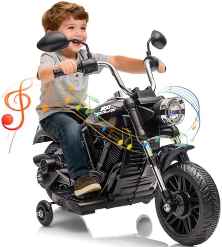 RCTOWN 12V Kids Ride on Motorcycle, 3-Wheel Kids Toddler Electric Motorcycle w/Training Wheels, One-Button Start, Reverse, Headlight, Horn & Music, Battery Powered Ride On Toy for Boy Girl Ages 3-5, Black