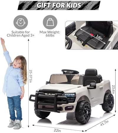 RCTOWN Ride On Pickup Truck Car, 12V Licensed RAM Ride On Toys, Battery Powered Electric Vehicle with Remote Control, Music, LED Lights, Suspension System, Double Doors, Seat Belt(White)