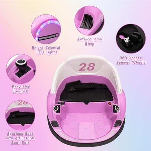 RCTOWN 12V Ride On Bumper Car for Kids Ride on Toy Gifts Toddlers Electric Bumping Car with Remote Control, Battery Display, 360 Degree Spin, LED Lights, Music, Pink