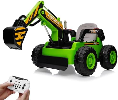 RCTOWN Kids Ride On Electric Excavator Digger Car with Remote Control & Digging Arm, 12V 10Ah Battery, 4x75W Motors,Led Tail Light, Music, USB, 360 Rotation Riding Toy Gift for Ages 3+,Blue