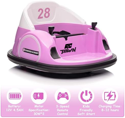 RCTOWN 12V Ride On Bumper Car for Kids Ride on Toy Gifts Toddlers Electric Bumping Car with Remote Control, Battery Display, 360 Degree Spin, LED Lights, Music, Pink
