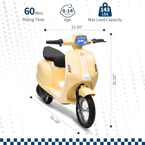 RCTOWN Motorcycle for Kids - 24V Electric Moped Scooter for Kids 8-14- Electric Scooter with Seat for Children - Ride On Toy with LED Light for Girls