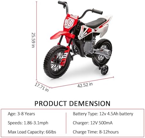 RCTOWN 12V Kids Motorcycle with Training Wheels, Bluetooth Music, Electric Dirt Bike for Kids, Twist Grip Throttle, Max Speed 3 MPH, Children Ride Motorcycle, Spring Suspension, Suitable for 3-8 Years Olds