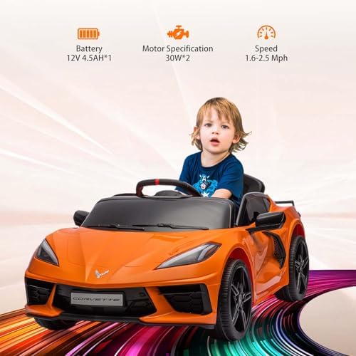 RCTOWN 12V Kids Ride on Car Licensed Corvette Battery Powered Car Toddles Electric Sports Car Toy with Remote Control, Visual Dashboard, LED Lights, Music, Gifts for Boys Girls, Orange