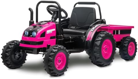 RCTOWN Kids Ride On Tractor with Trailer, 12V Battery Powered Electric Tractor with Remote Control, Music, USB, Led Lights, Audio, Safety Belt, 35W Dual Motors, Unload Button, Red