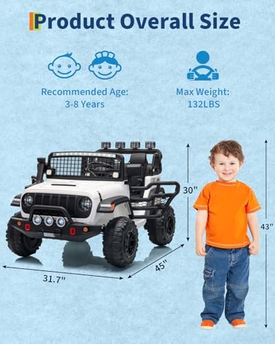 RCTOWN 2 Seats 24V Kids Electric Ride on Car with Remote Control, 20" Large Seat with 2 Safety Belts, Two 200W Battery Powered Electric Vehicle for 3+ Years, LED Light,Music,Horn,USB Port, Riding Toy,White