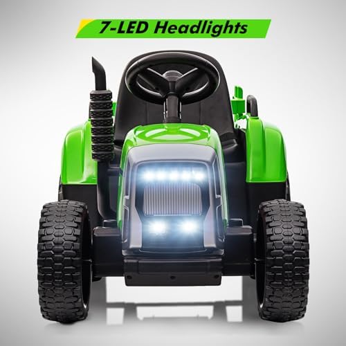 RCTOWN Kids Ride On Tractor with Green Trailer & Remote Control, 12V Toddler Battery Powered Electric Vehicle with Slow Start 7LED Headlights USB Music Player 2+1 Gear Shift, Green Trailer, 35W/ EVA Tire