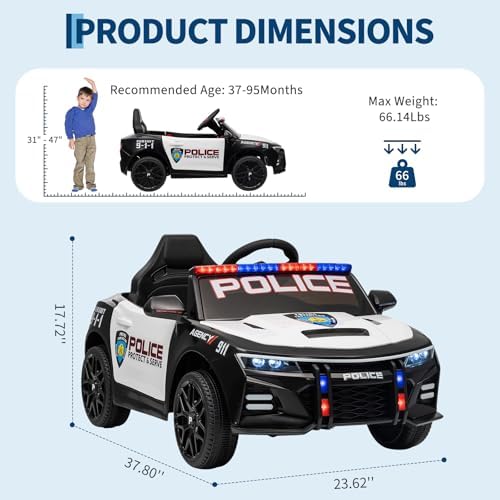 RCTOWN 12V Police Car Ride On Car for Kids, Ride on Toy with Remote Control, Emergency Alert Tones, Megaphone, Flashing Lights, Music, Spring Suspension