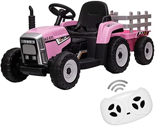 RCTOWN Kids Ride On Tractor with Green Trailer & Remote Control, 12V Toddler Battery Powered Electric Vehicle with Slow Start 7LED Headlights USB Music Player 2+1 Gear Shift, Green Trailer, 35W/ EVA Tire
