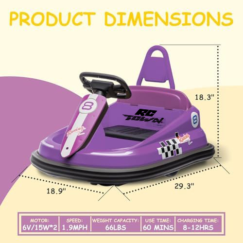 RCTOWN 6V Bumper Car for Toddlers, Electric Ride on Toys for Kids with 360 Degree Spin, 2-Speeds, Lights, Music & Horn (Purple)
