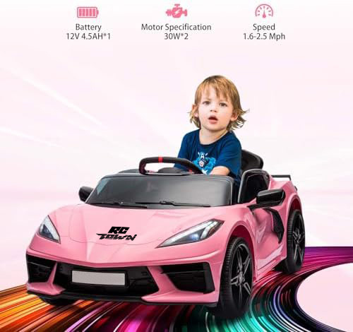 RCTOWN 12V Kids Ride on Car Licensed Corvette Battery Powered Car Toddles Electric Sports Car Toy with Remote Control, Visual Dashboard, LED Lights, Music, Gifts for Boys Girls, Pink