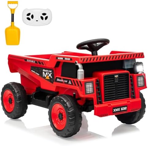 RCTOWN 12V Ride On Dump Truck for Kids Electric Ride On Car Toy Toddlers 4 Wheeler Construction Vehicles with Remote Control, Dump Bed, Shovel, LED Lights, Music, for Kids 3-8, Rose Red