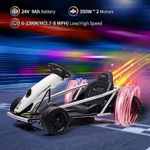 RCTOWN Ride on Go Kart for Kids, 24V 9Ah Battery 300W*2 Motors, 8MPH High Speed Drifting Circling Car, Slow Start Function with Music, Horn,Max Load 175lbs, Racing Toy for Kids 8-12 Years, White