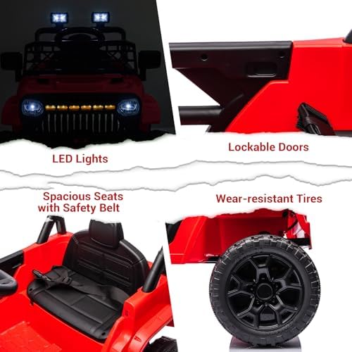 RCTOWN 12V Ride On Car for Kids Electric Vehicle Toddlers Battery Powered Truck Car Toy with Remote Control, 4-Wheel Suspension, Battery Display, LED Lights, Music, for Boys Girls, Red