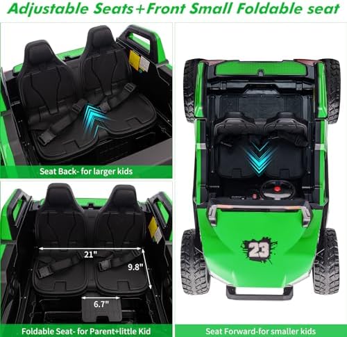 RCTOWN 24V 2 Seaters Ride On UTV with Remote Control, Battery Powered Extra Large Ride Car Toy for 2 Kids, 2 Seats+One More Foldable Seat, 15.4" Eva Wheels Off-Road with Music, Light for 3-8 Years,Green