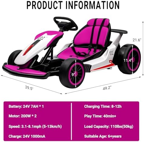 RCTOWN Go Kart for Kids, 24V Drift Kart with 2X200W Strong Motor, 7AH Big Battery, Electric Pedals, Electric Go Kart Outdoor Race Toy Pink