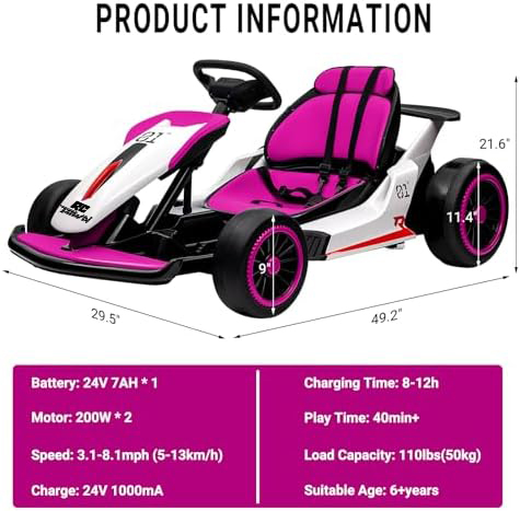 RCTOWN Go Kart for Kids, 24V Drift Kart with 2X200W Strong Motor, 7AH Big Battery, Electric Pedals, Electric Go Kart Outdoor Race Toy Pink