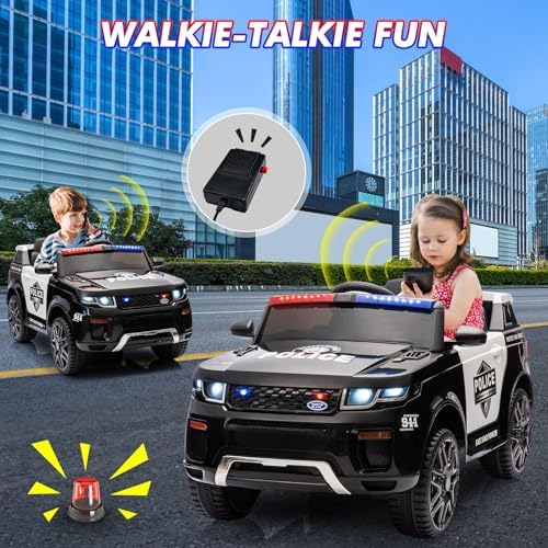 RCTOWN 12V Kids Ride On Police Car with Remote Control Electric Police Car for Kids 3-8 Toddlers Ride On Police Car Toy with LED Flashing Light, Megaphone, Spring Suspension, Handle, Music, Black