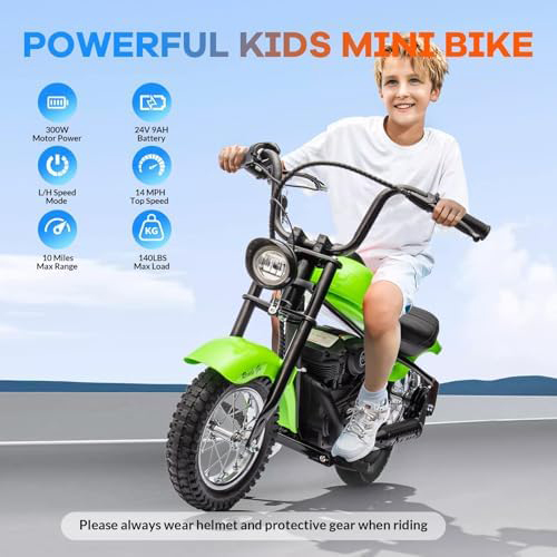 RCTOWN 24V Electric Dirt Bike, 250W Electric Motorcycle w/LED Light, Leather Seat- Two Speed Max Up to 14MPH & 60 Minutes Continuous Motorbike for Kids 5-8