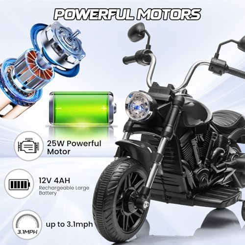 RCTOWN 12V Kids Ride on Motorcycle, 3-Wheel Kids Toddler Electric Motorcycle w/Training Wheels, One-Button Start, Reverse, Headlight, Horn & Music, Battery Powered Ride On Toy for Boy Girl Ages 3-5, Black