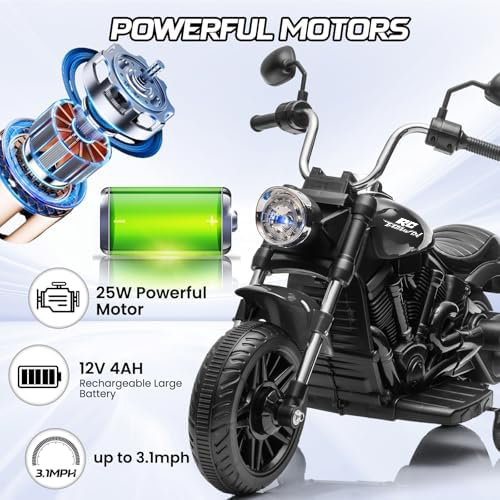 RCTOWN 12V Kids Ride on Motorcycle, 3-Wheel Kids Toddler Electric Motorcycle w/Training Wheels, One-Button Start, Reverse, Headlight, Horn & Music, Battery Powered Ride On Toy for Boy Girl Ages 3-5, Black