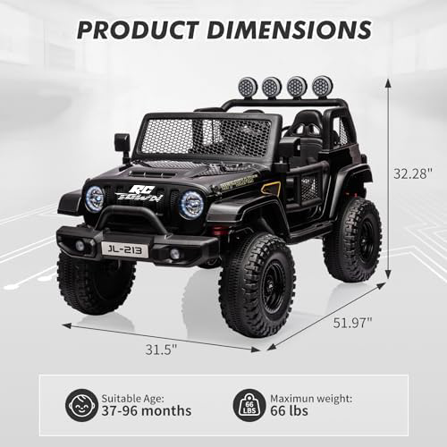 RCTOWN 2 Seater Kids Ride on Car 24V Electric Vehicles for Toddlers 2WD/4WD Switchable Battery Powered Truck Cars with Remote Control, Trunk, 4-Wheeler Suspension, LED Lights, Music (Black)