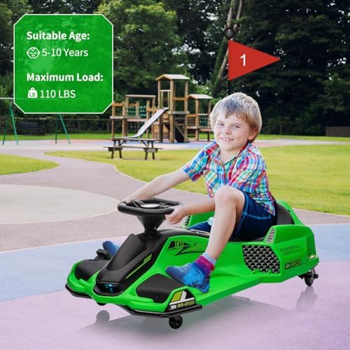 RCTOWN 12V Kids Ride on Drift Car for Kids, 7ah 45W Motor Electric Drifting Go-Kart Up to 5 mph Variable Speed, Built-in Music,Colorful Tail LED Light,USB,Low-Power Alarm, Max Load 110lbs, Green