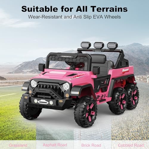 RCTOWN Ride on Car with 6 EVA Wheels&4WD, 24V Battery Powered Electric Car for Kids, Electric Vehicle with Remote Control, 3 Adjustable Speeds, Soft Start, Battery Display, Music, Pink