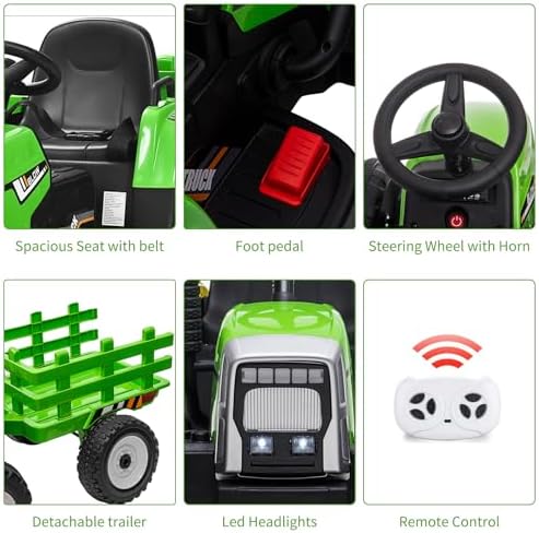 RCTOWN Kids Ride On Tractor with Green Trailer & Remote Control, 12V Toddler Battery Powered Electric Vehicle with Slow Start 7LED Headlights USB Music Player 2+1 Gear Shift, Green Trailer, 35W/ EVA Tire