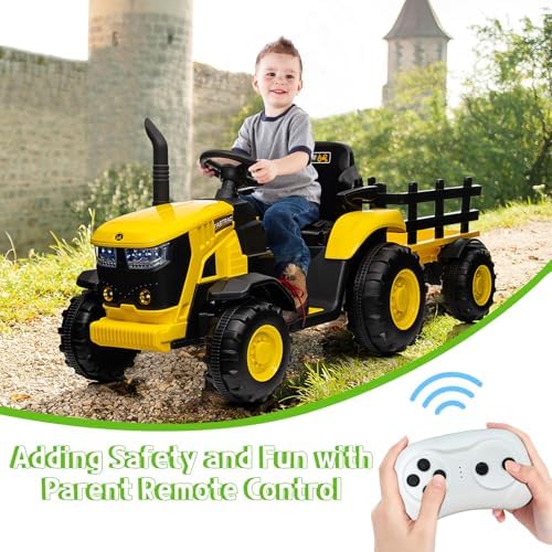 RCTOWN Kids Ride on Tractor with Remote Control, 12V Battery Powered Electric Tractor and 35W Dual Motors for Kids Bluetooth Music/USB, 3-Gear-Shift, Safety Belt, 7-LED Lights, Yellow
