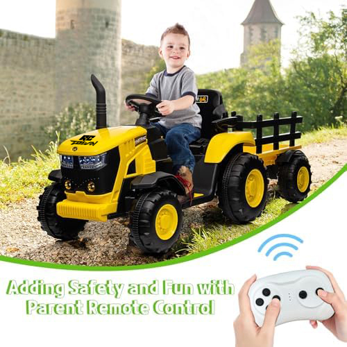 RCTOWN Kids Ride on Tractor with Remote Control, 12V Battery Powered Electric Tractor and 35W Dual Motors for Kids Bluetooth Music/USB, 3-Gear-Shift, Safety Belt, 7-LED Lights, Yellow