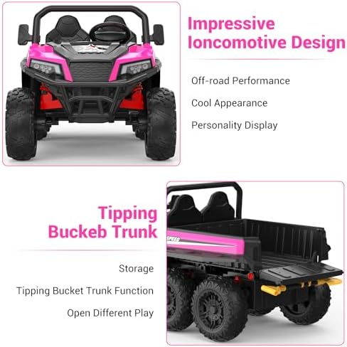 RCTOWN 24V 2 Seater Ride on Dump Truck with Remote Control for Big Kids, 4WD 6 Wheels Ride on Car w/Music Player & LED Lights, Ride Toy Gift for Kid