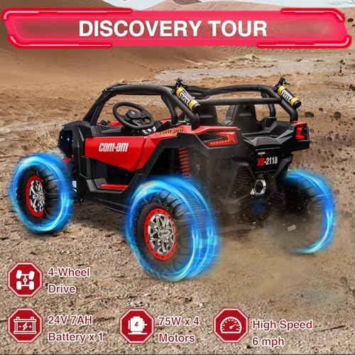 RCTOWN Two Seater 24V Kids Ride on UTV Car, RCTOWN 4WD 300W Motors Powerful Electric Vehicle w/Remote Control, 4 Shock Absorbers, Leather Seats, Music and Lights, Electric Car for Kids, Blue