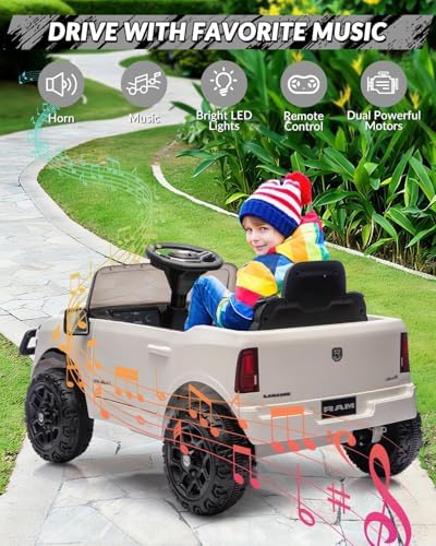 RCTOWN Ride On Pickup Truck Car, 12V Licensed RAM Ride On Toys, Battery Powered Electric Vehicle with Remote Control, Music, LED Lights, Suspension System, Double Doors, Seat Belt(White)