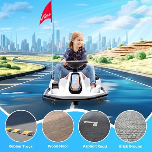 RCTOWN Electric Kids Drift Kart, 24V 2 Speed Modes, 360 Degree Easy Spinning Drifts, Flashing Lights, Flags, Music, Drift Cart, Suitable for Children Over 3 Years Old