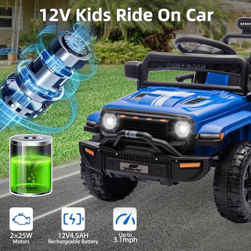 RCTOWN Ride On Truck Car, 12V Ride On Toy w/Parent Remote Control, Steering Wheel Music, 4-Wheel Spring Suspension, Led Lights, 2 Speeds, Kids Electric Vehicles for Age 3-5, Green