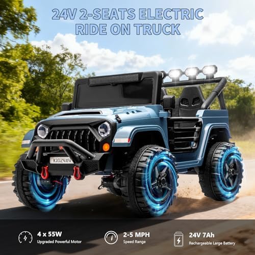 RCTOWN Kids 24V 2-Seater Electric Ride On Car, 4x4 Ride On Truck w/Remote Control, 4-Wheeler Suspension, 3 Speeds, Led Lights, Bluetooth, Ride on Car Toy for Kids Ages 3-8, Cyan Blue