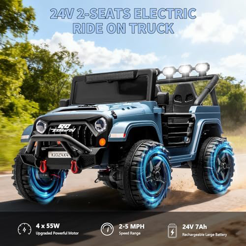 RCTOWN Kids 24V 2-Seater Electric Ride On Car, 4x4 Ride On Truck w/Remote Control, 4-Wheeler Suspension, 3 Speeds, Led Lights, Bluetooth, Ride on Car Toy for Kids Ages 3-8, Cyan Blue