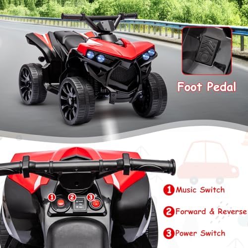 RCTOWN Kids ATV 4 Wheeler, 6V Ride on Toy with 1.8MPH Max Speed, Wear-Resistant Wheels, Music & Foot Pedal, Battery Powered Electric Quad Car for Kids Toddlers, Red