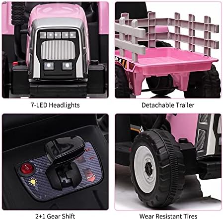 RCTOWN Kids Ride On Tractor with Green Trailer & Remote Control, 12V Toddler Battery Powered Electric Vehicle with Slow Start 7LED Headlights USB Music Player 2+1 Gear Shift, Green Trailer, 35W/ EVA Tire
