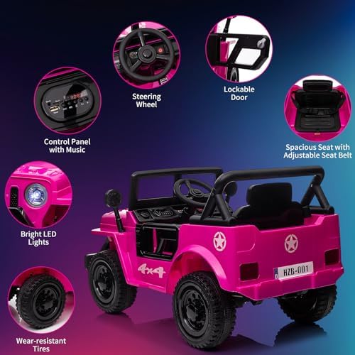 RCTOWN 12V Kids Ride On Truck Car with Remote Control, Spring Suspension, Various Speeds, LED Lights, Music, and Safety Belt, Electric Ride On Car Toys for Kids 3+, Pink