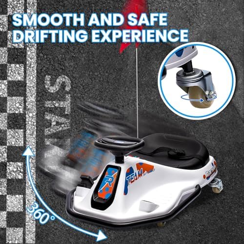 RCTOWN Electric Kids Drift Kart, 24V 2 Speed Modes, 360 Degree Easy Spinning Drifts, Flashing Lights, Flags, Music, Drift Cart, Suitable for Children Over 3 Years Old