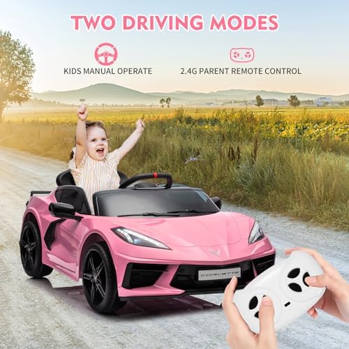 RCTOWN 12V Kids Ride on Car Licensed Corvette Battery Powered Car Toddles Electric Sports Car Toy with Remote Control, Visual Dashboard, LED Lights, Music, Gifts for Boys Girls, Pink