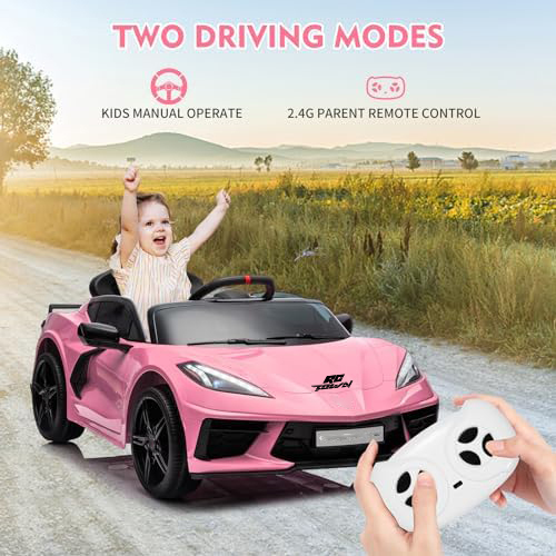 RCTOWN 12V Kids Ride on Car Licensed Corvette Battery Powered Car Toddles Electric Sports Car Toy with Remote Control, Visual Dashboard, LED Lights, Music, Gifts for Boys Girls, Pink
