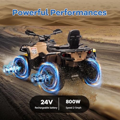 RCTOWN 2 Seater Ride On Car, 24V 4WD Electric ATV Car for Kids, Leather Seaters, Safety Belt, Bluetooth, 1.86 to 4.79 Mph 4 Wheeler Electric Toy Car As Gift for Boys, Girls, Brown
